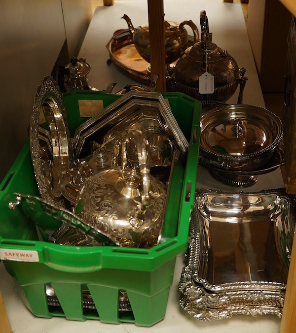 A collection of mixed plated wares including a pair of tea pots and cream jug, a teapot on stand, a five piece tea set, various entrée dishes and covers, an oval tray etc, tray 57cm wide